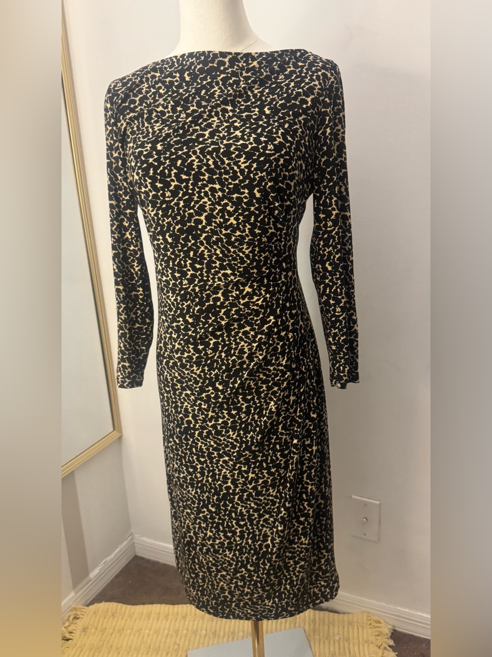 Lauren Ralph Lauren Black and Cream Long Sleeve Printed Midi Dress